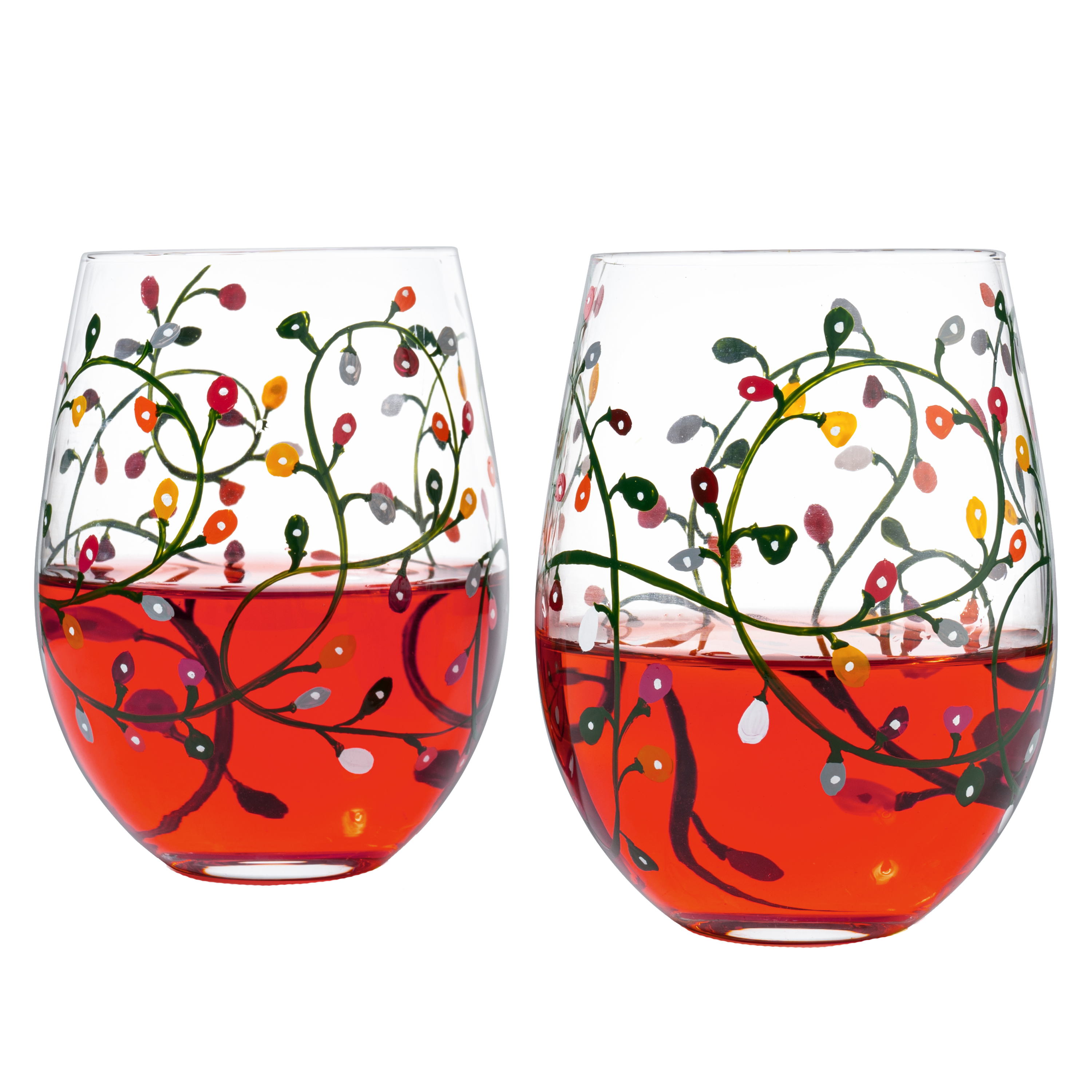 Themed Lights Stemless Wine & Water Glasses - Artisanal Hand Painted Ornament Light Bulbs Glasses - Xmas Tree - Set of 2, 17.5oz - Santa Festive Theme Stemless Glass